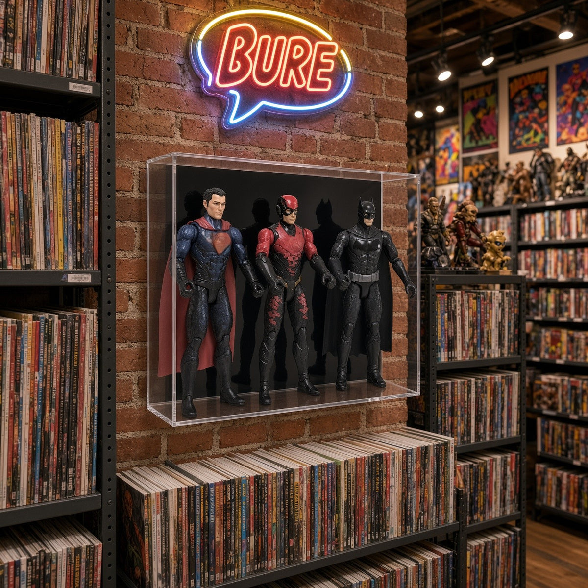 Triple action figure case on a brick wall in a comic book and record room