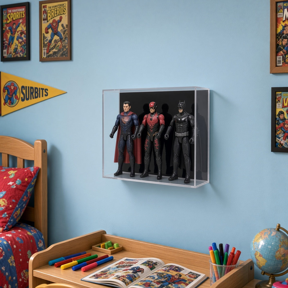 Triple action figure case on a light blue wall in a kid's bedroom