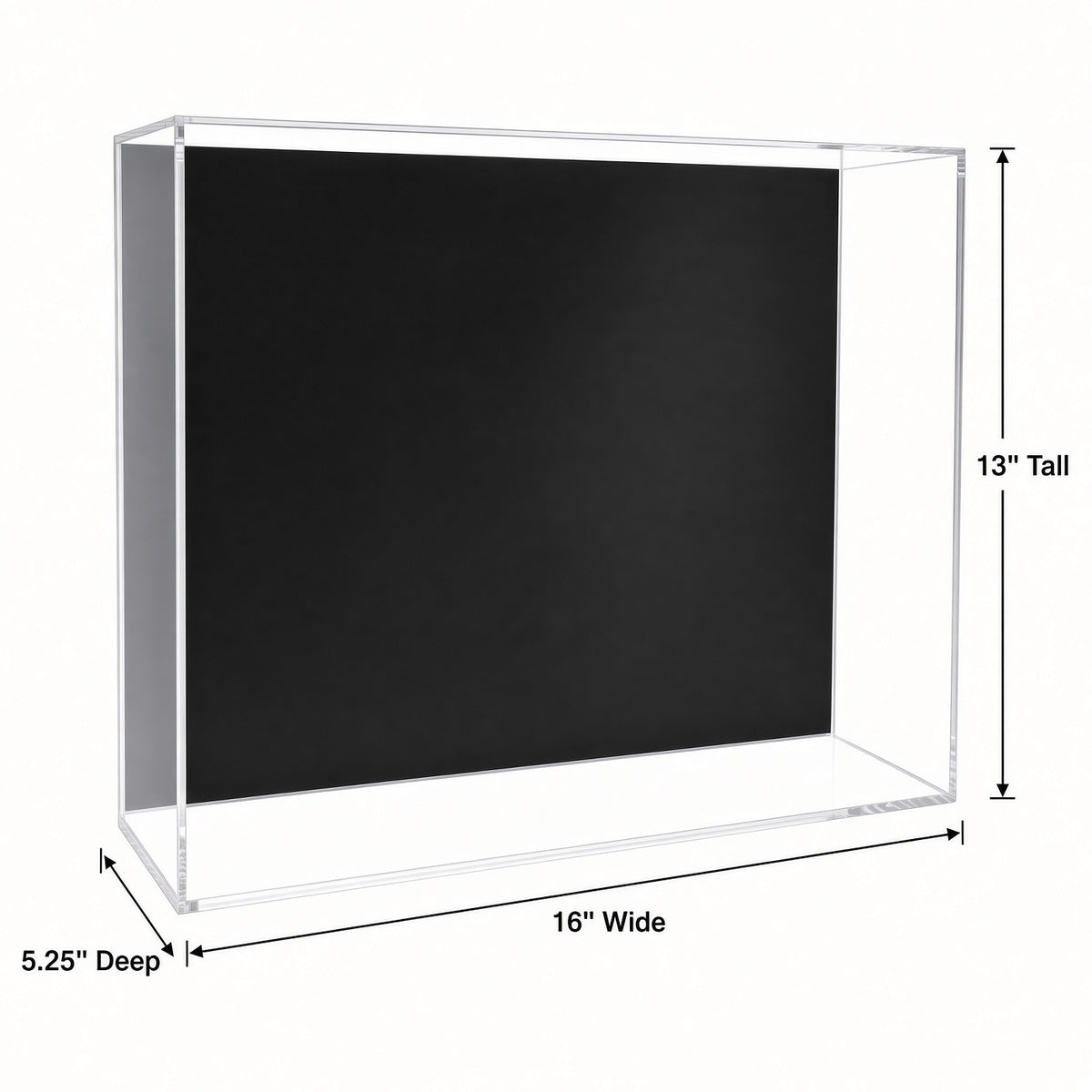 Empty triple figure case with 16 inch width, 13 inch height and 5.25 inch depth marked
