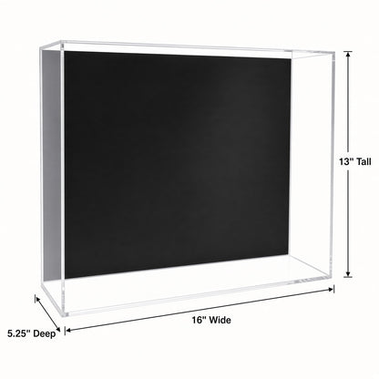 Empty triple figure case with 16 inch width, 13 inch height and 5.25 inch depth marked