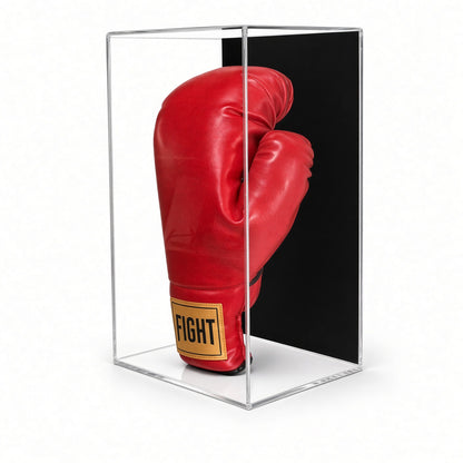 Acrylic wall mount case with a black back holding a red boxing glove upright