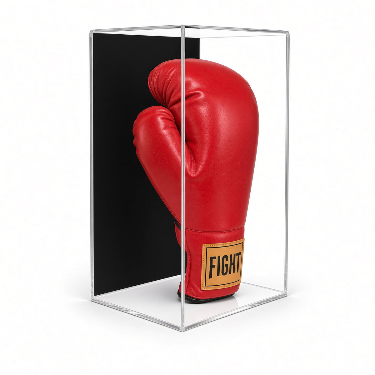 Front view of a red boxing glove standing in the vertical case