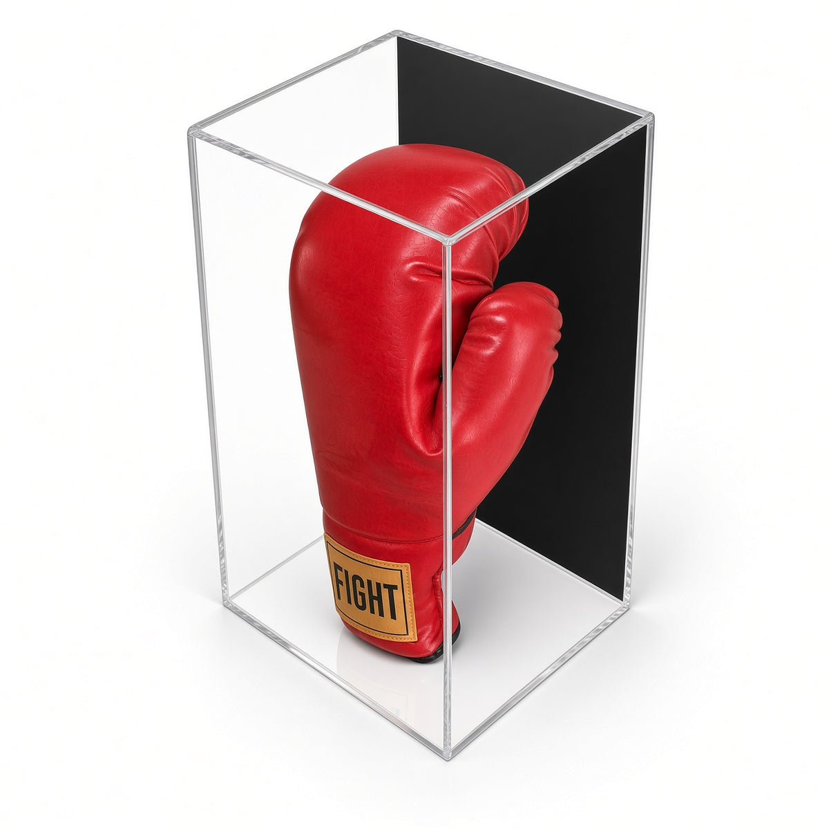 Angled view of the vertical boxing glove display case