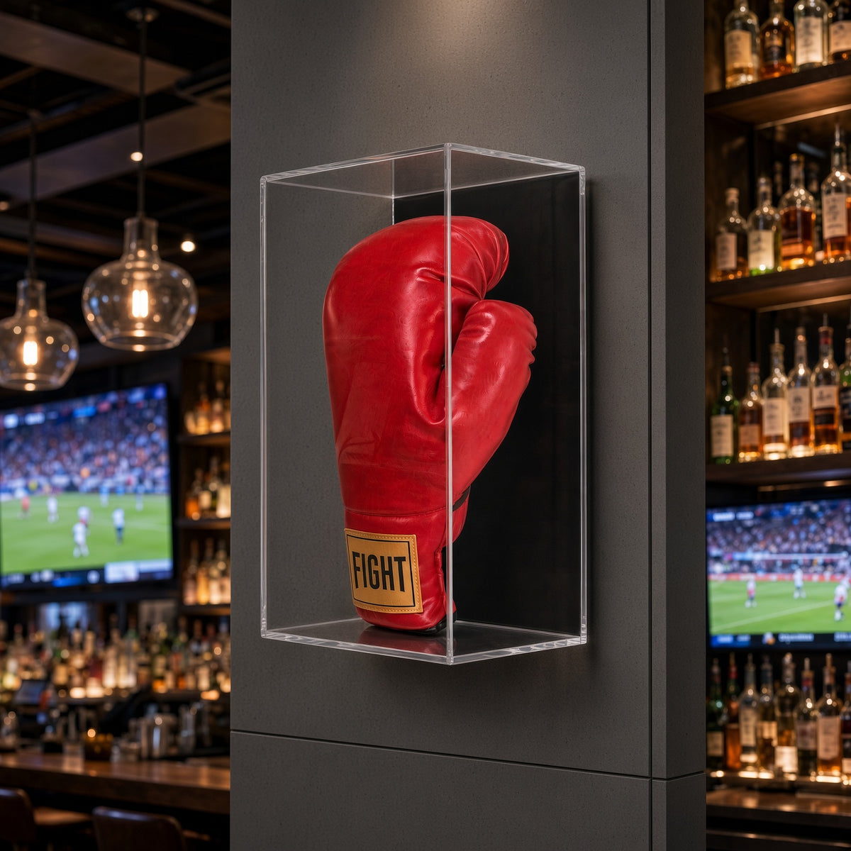 Vertical boxing glove case on a wall in a sports bar
