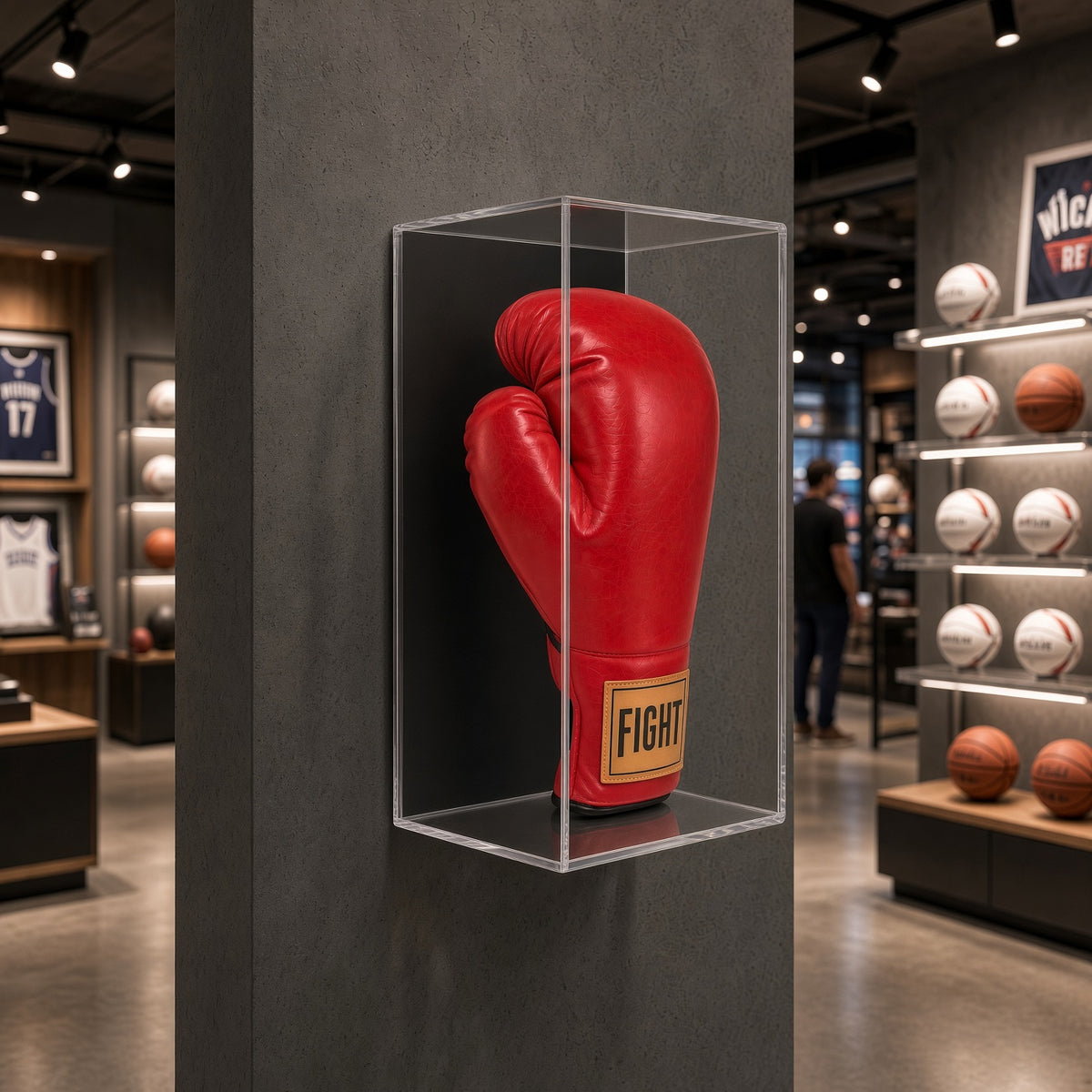Vertical boxing glove case on a column in a sports store