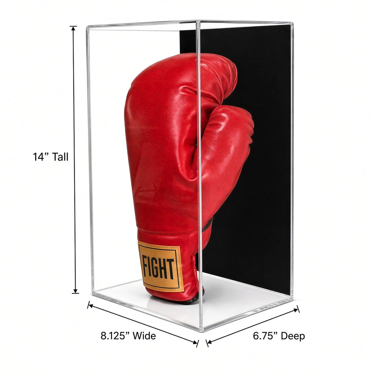 Vertical glove case with 14 inch height, 8.125 inch width and 6.75 inch depth marked