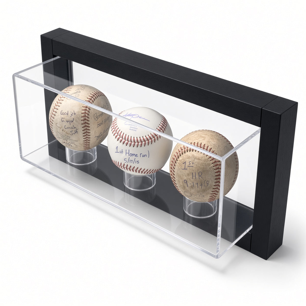 High angled view of the framed 3 baseball display case