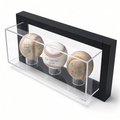 High angled view of the framed 3 baseball display case