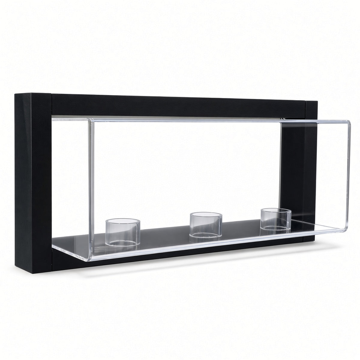 Empty framed 3 baseball display case showing the three ball rings