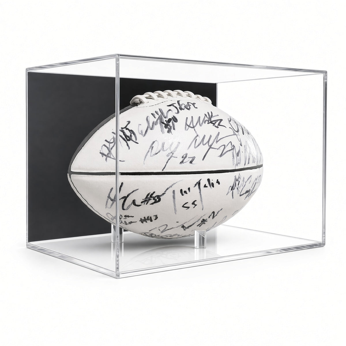 Front view of a signed white football in the wall mount case