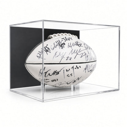 Front view of a signed white football in the wall mount case