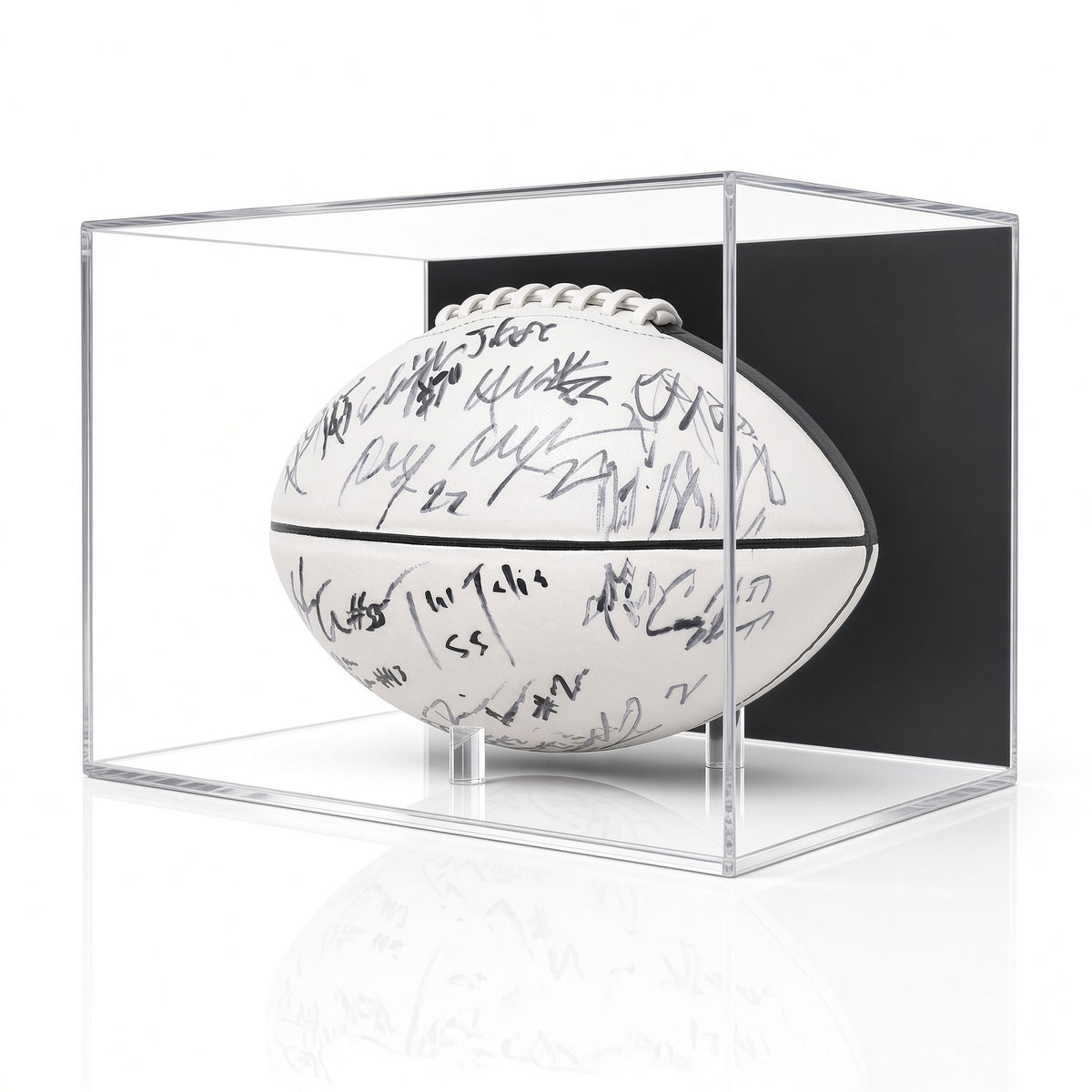 Acrylic wall mount football display case holding a full-size football on pegs