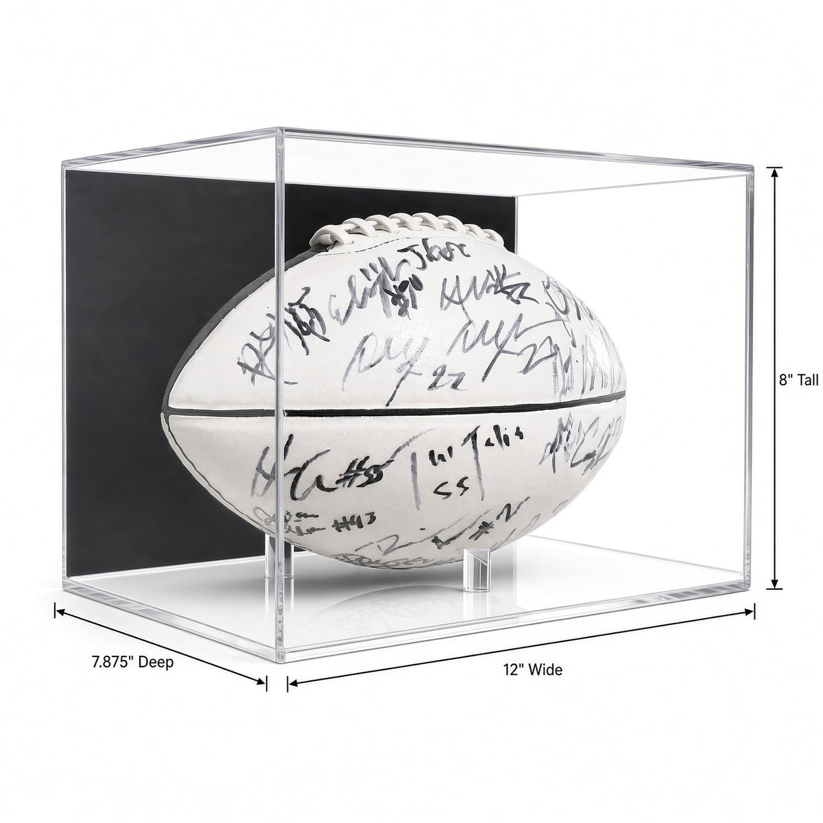 Football case with 12 inch width, 8 inch height and 7.875 inch depth marked