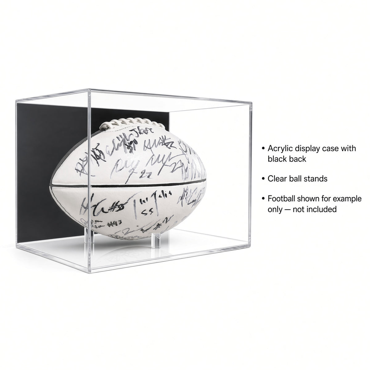 Football case with feature callouts beside a signed football