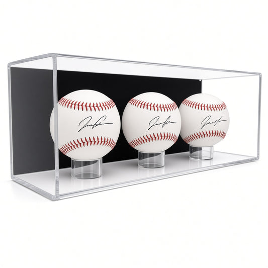 Slim acrylic wall mount display case holding three baseballs in a row