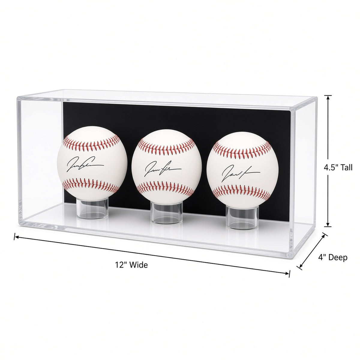 3 baseball case with 12 inch width, 4.5 inch height and 4 inch depth marked