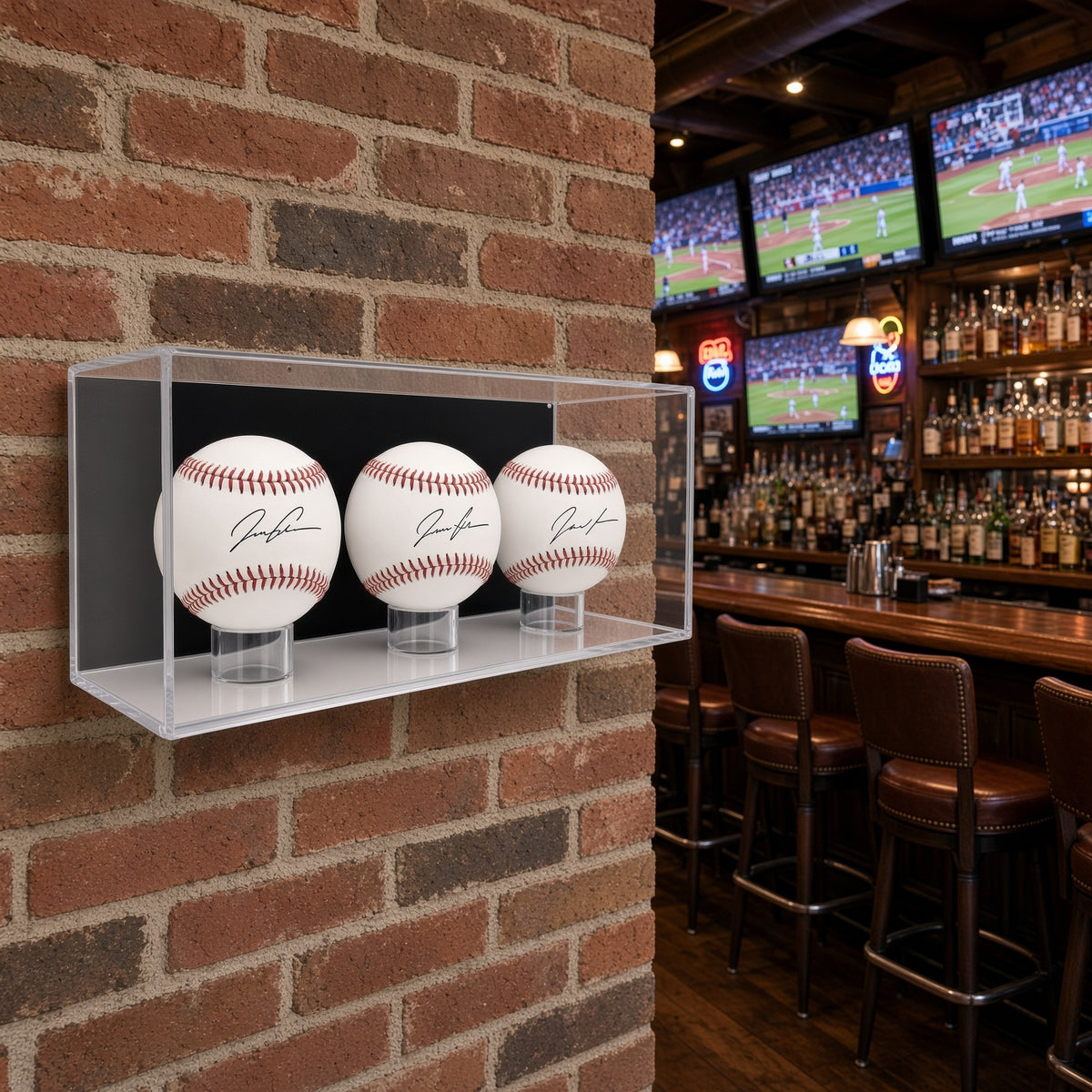 3 baseball display case on a brick wall in a sports bar