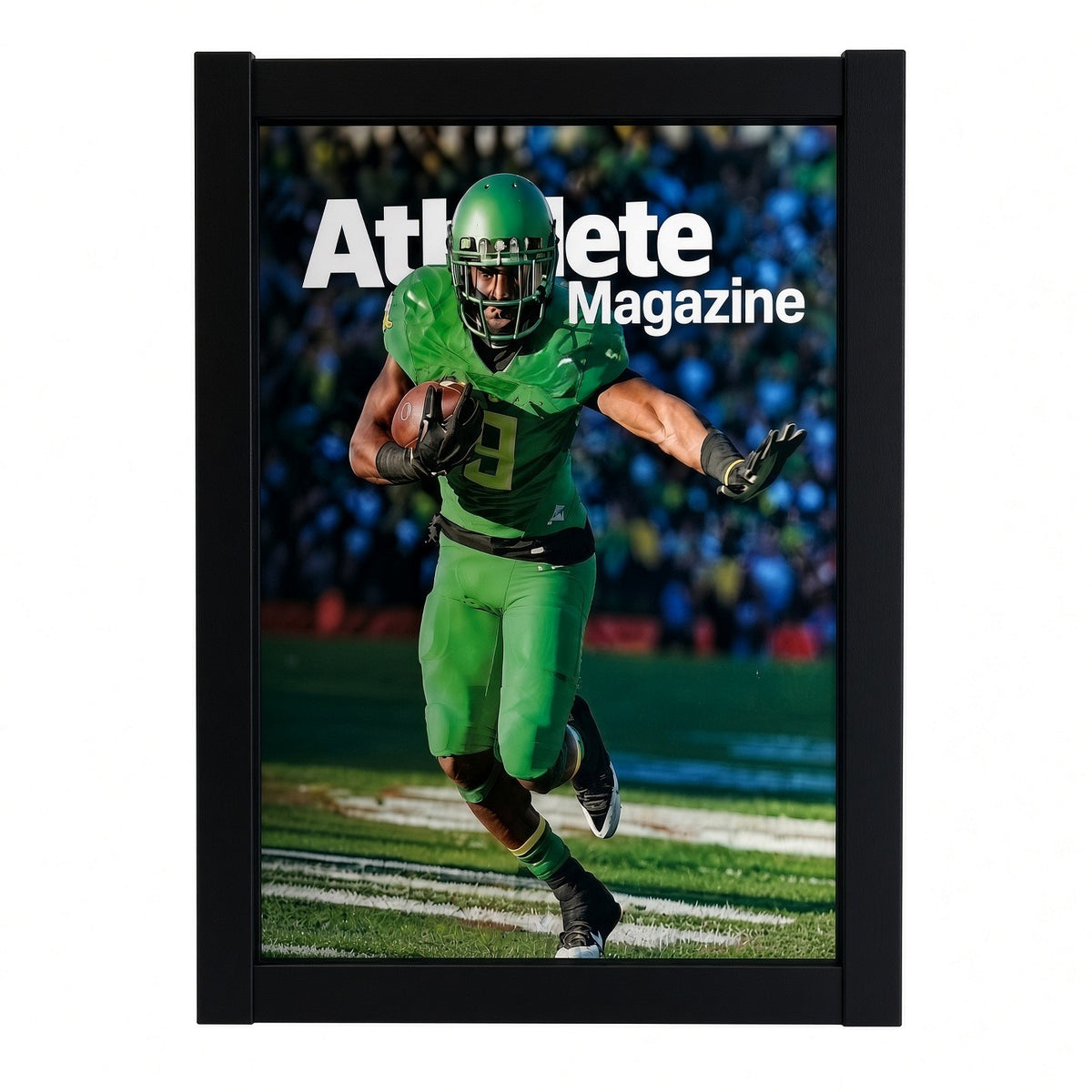Sports magazine displayed in the frame, straight-on view