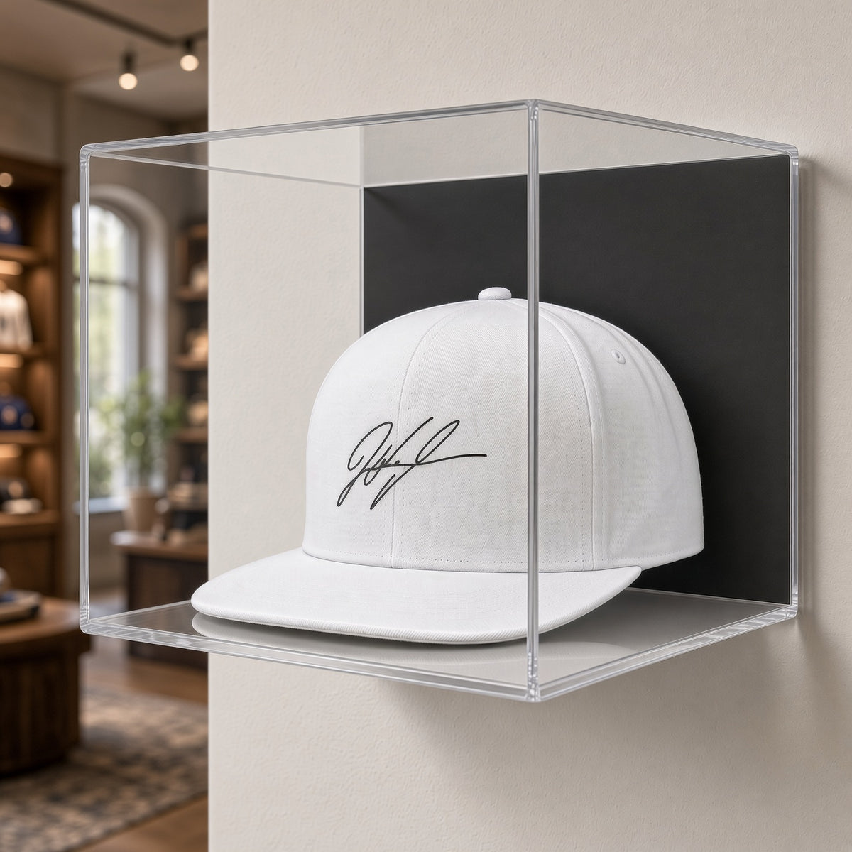 Hat case mounted on a beige wall near a doorway