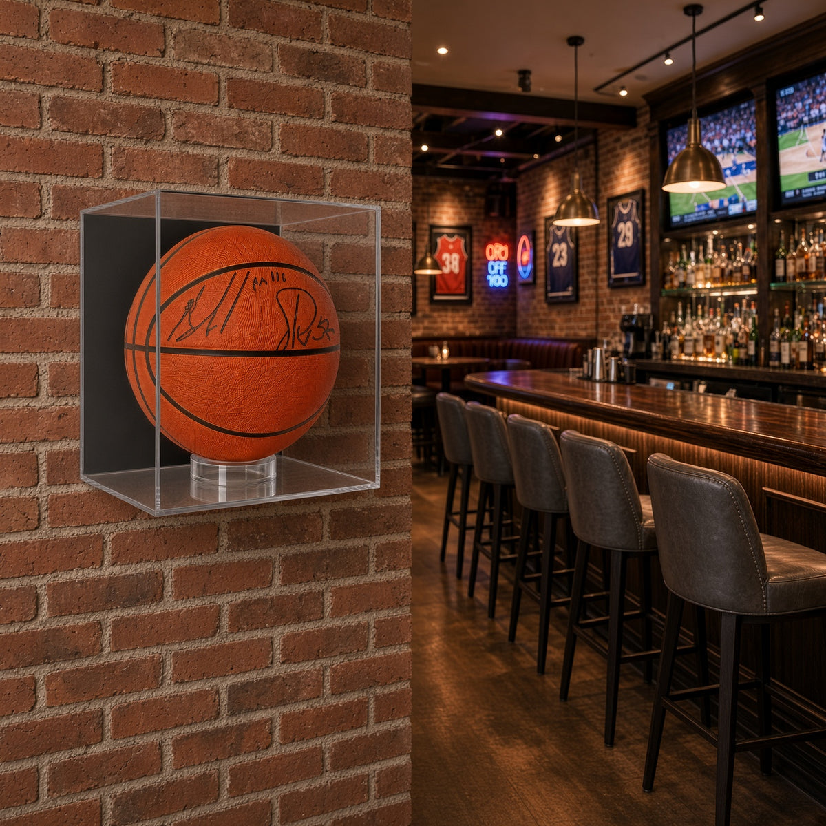 Basketball display case on a brick wall in a sports bar