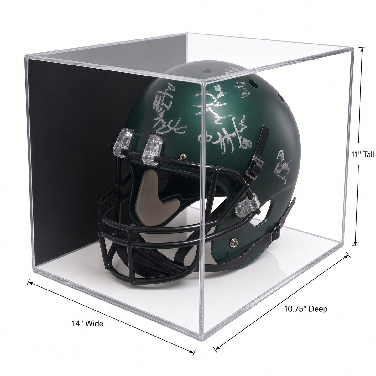 Helmet display case with 11 inch height, 10.75 inch depth and 14 inch width marked