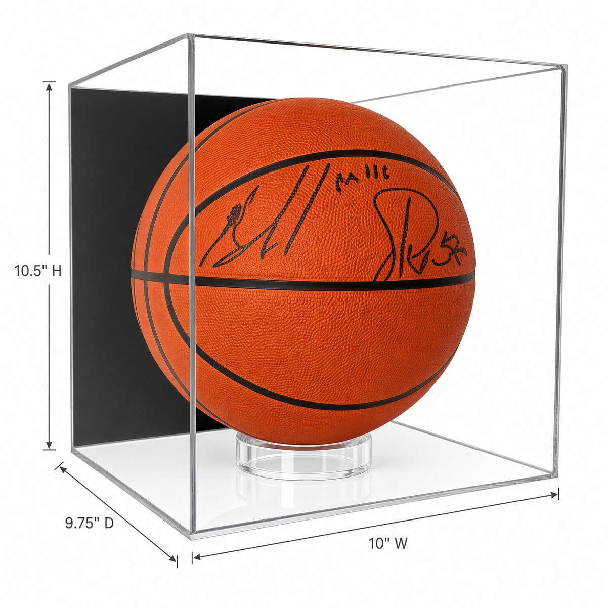 Basketball case with 10 inch width, 10.5 inch height and 9.75 inch depth marked