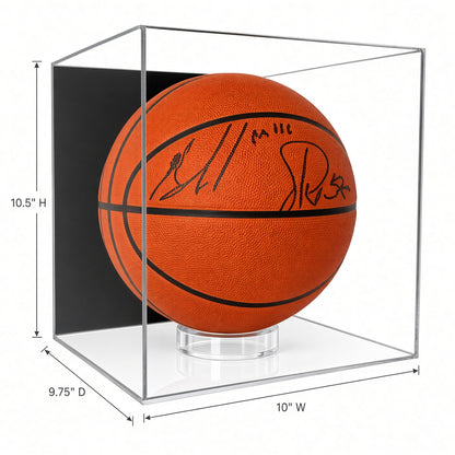 Basketball case with 10 inch width, 10.5 inch height and 9.75 inch depth marked