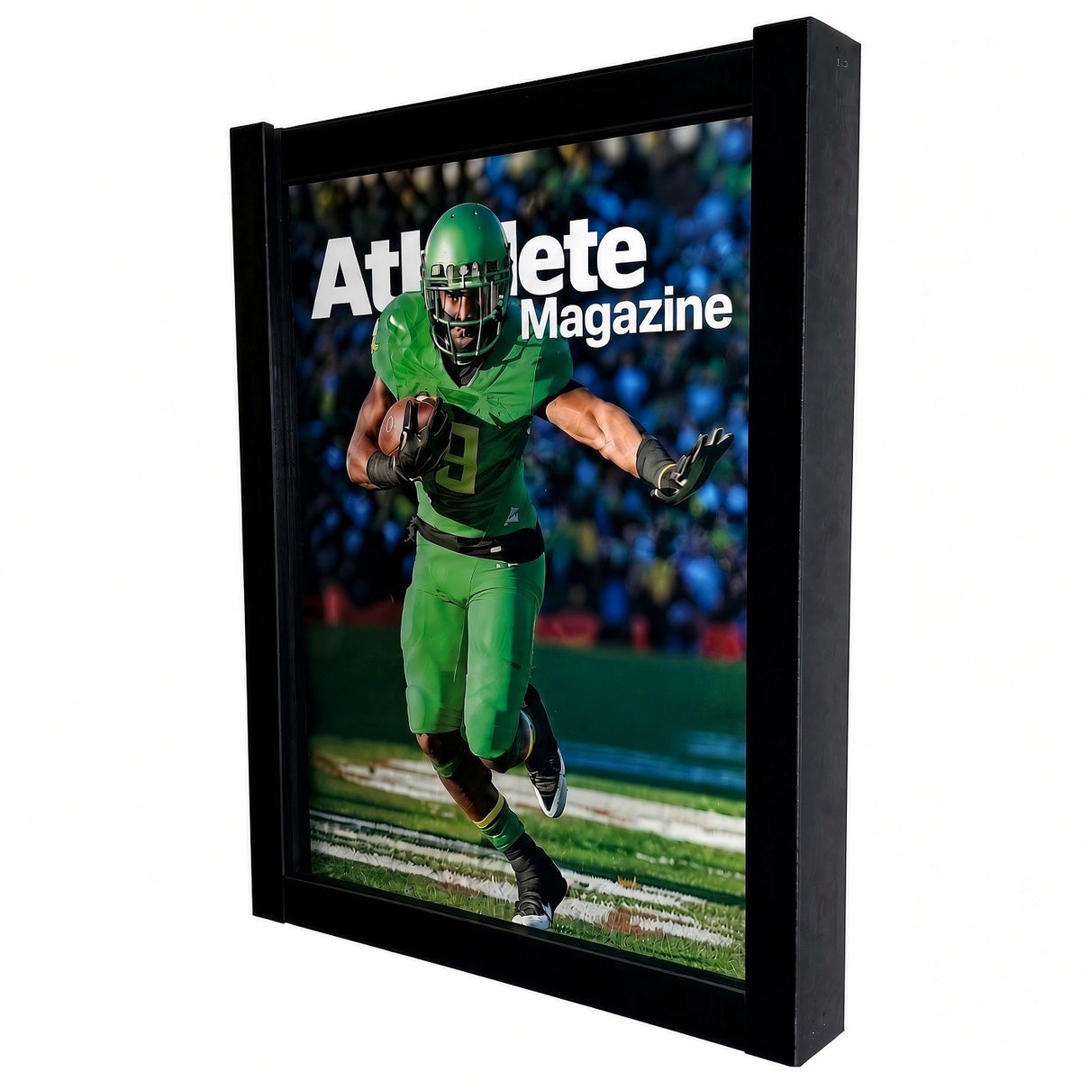 Front view of a sports magazine inside the black frame