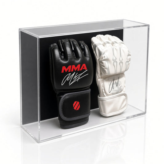 Clear acrylic double MMA glove display case holding a black and a white fight glove side by side