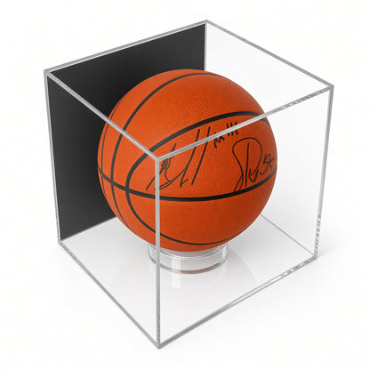 Acrylic wall mount basketball display case with a full-size basketball on a ring stand