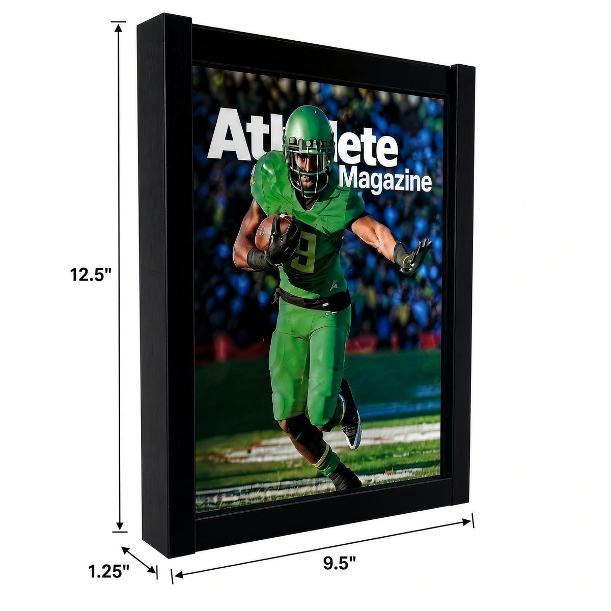 Magazine frame with 9.5 inch width, 12.5 inch height and 1.25 inch depth marked