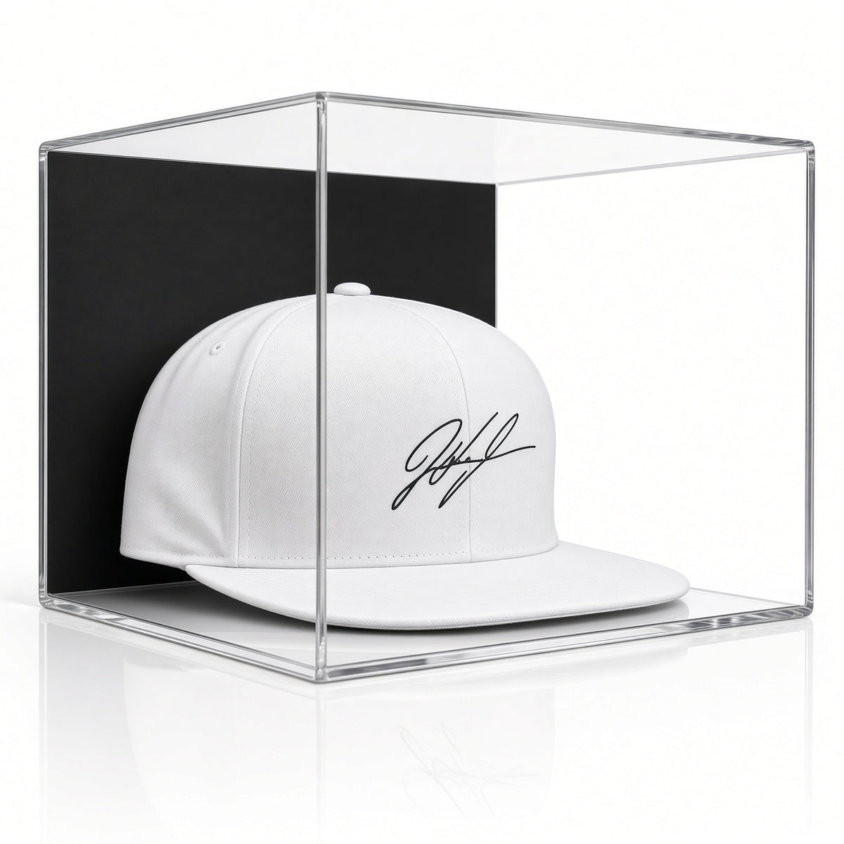 Front view of a signed cap inside the hat case