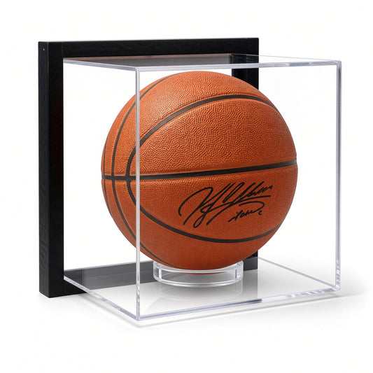 Black-framed acrylic wall mount display case holding a signed full-size basketball