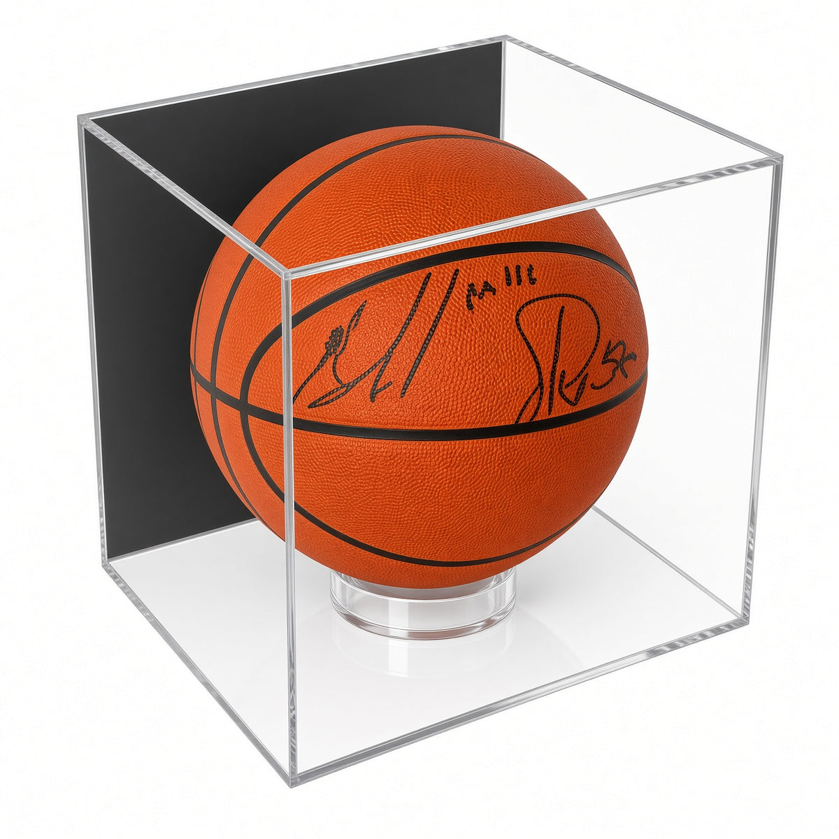 Angled view of a signed basketball in the wall mount case