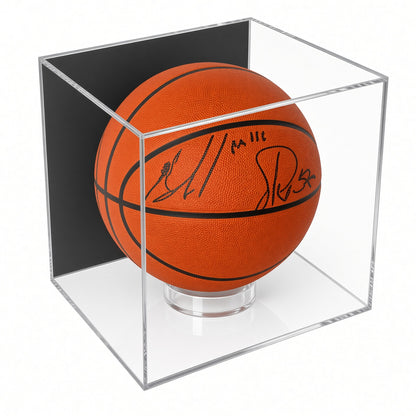 Angled view of a signed basketball in the wall mount case