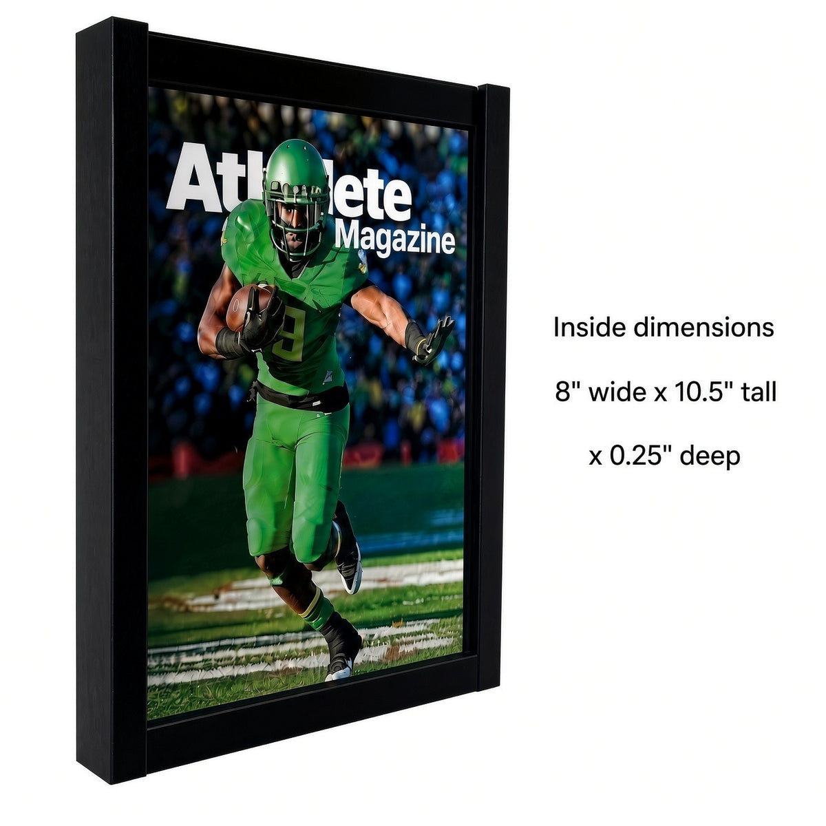 Magazine frame with inside dimensions of 8 by 10.5 by 0.25 inches noted