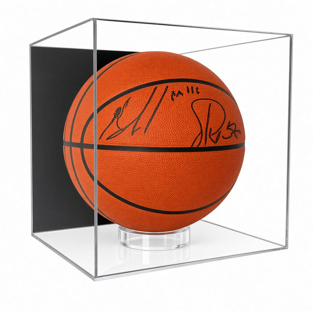 Front view of a signed basketball inside the wall mount case