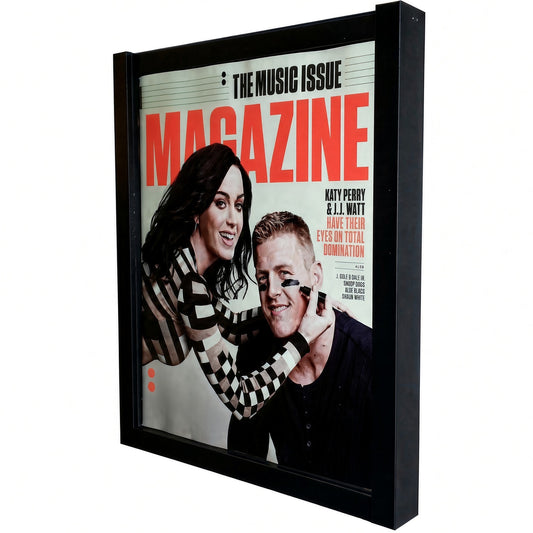 Black magazine display frame holding a large-format magazine