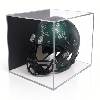 Clear acrylic wall mount display case with a full-size football helmet inside