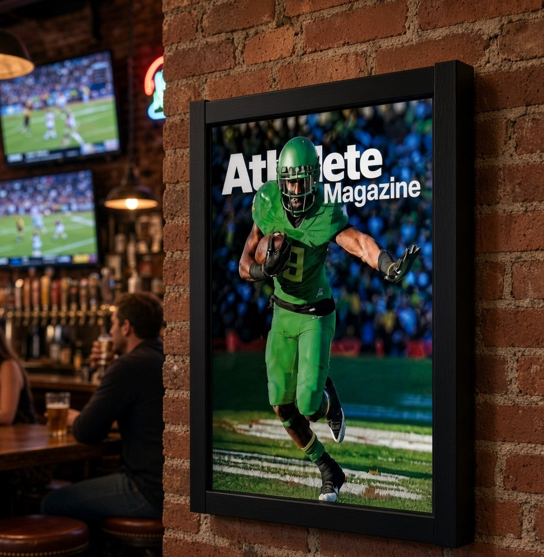 Magazine display frame on a brick wall in a sports bar