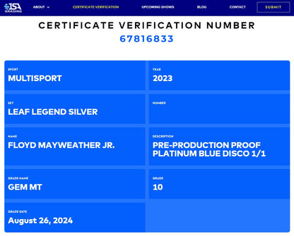 Floyd Mayweather Jr. 2023 Leaf Legend Silver Disco Platinum Blue Pre-Production Proof #NNO #1/1 (ISA 10)