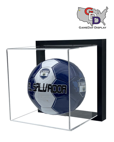 Image of Framed Acrylic Full Size Soccer Ball Display Case UV Protecting Secure Mount