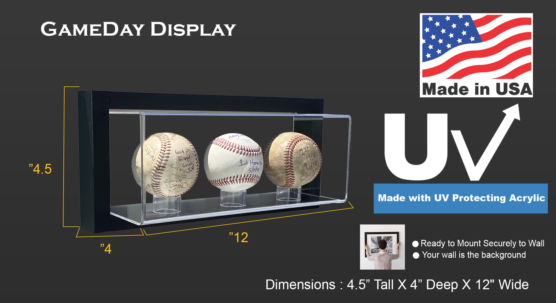 Framed Acrylic Wall Mount 3 Baseball Display Case GameDay Display Framed Acrylic Wall Mount 3 Baseball Display Case GameDay Display