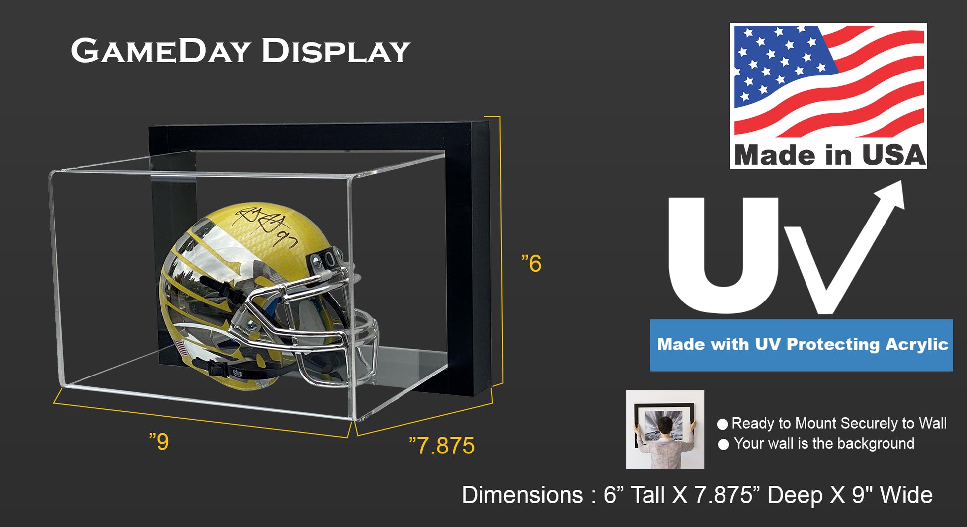 dimensions of a football helmet Framed Acrylic Wall Mount Football Mini Helmet Display Case – GameDay Display